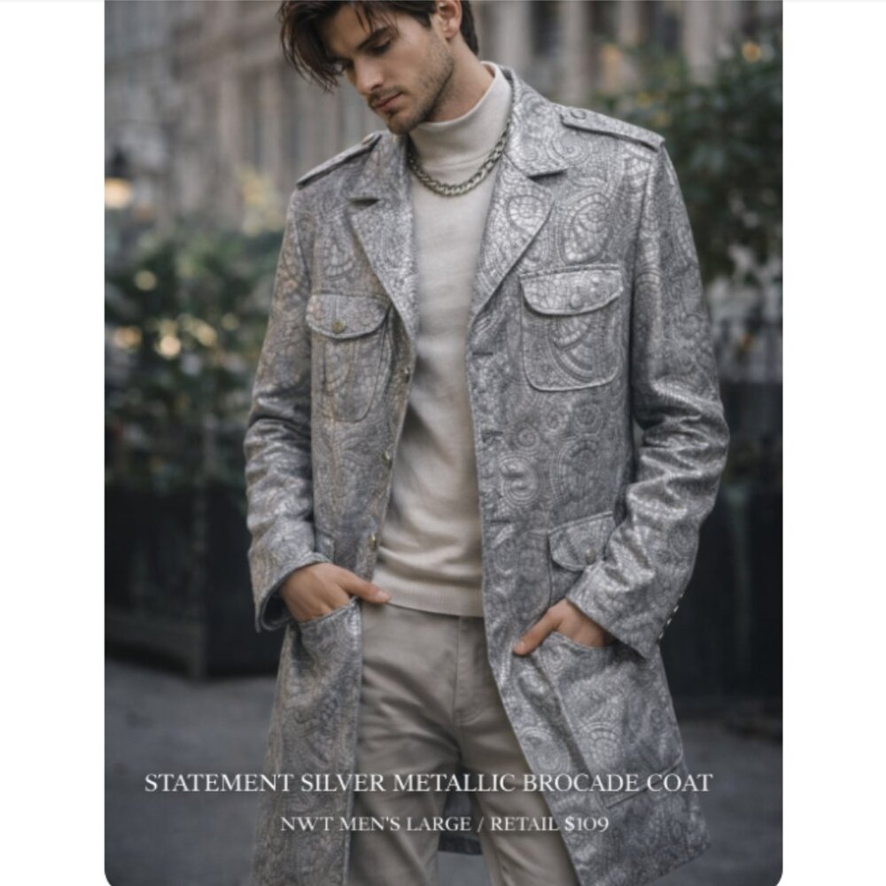 Statement Silver Metallic Brocade Coat - Men's Silver Coat